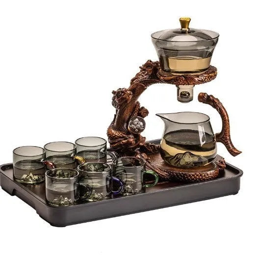 Dragon Year lazy glass automatic tea set in green gray walnut with bowl, base, and fair cup