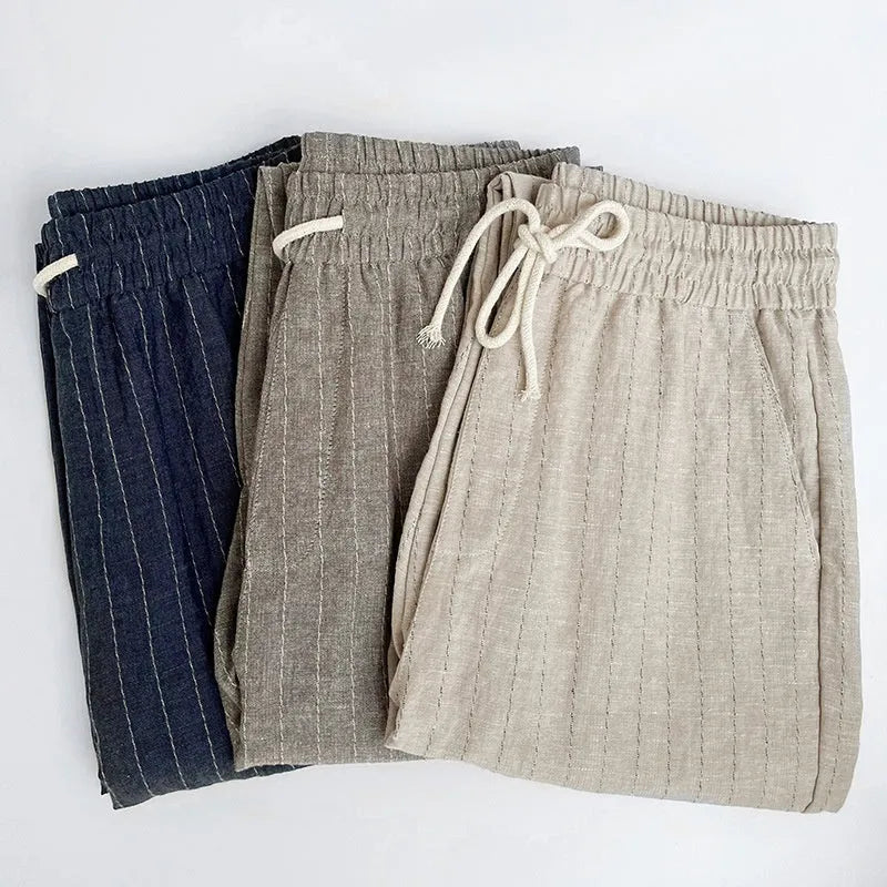 Men's striped cotton linen cropped trousers in four colour options on size chart