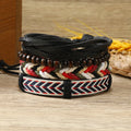 Bohemian ethnic style colourful leather bracelet set with geometric patterns on a neutral background