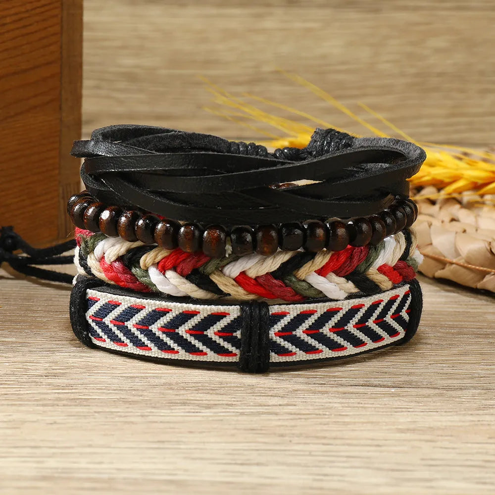 Bohemian ethnic style colourful leather bracelet set with geometric patterns on a neutral background
