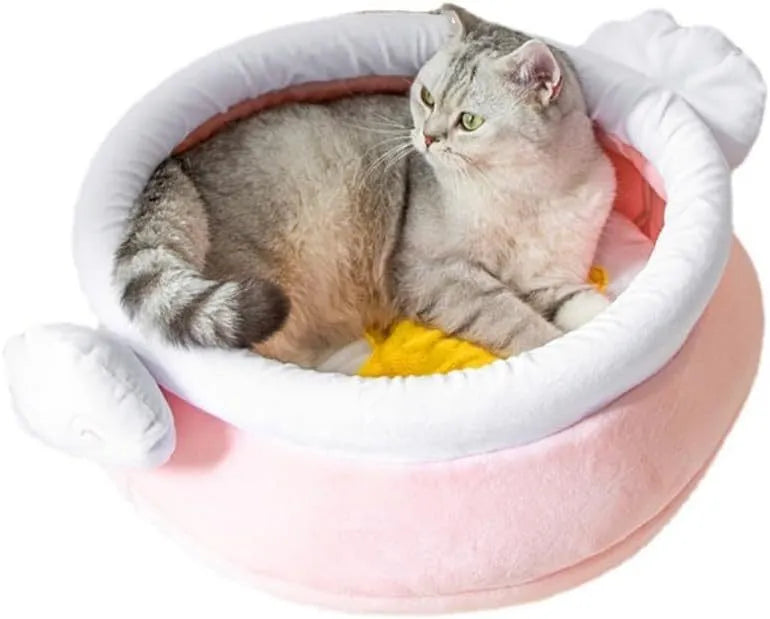 Pink honey pot-shaped cat sofa bed with a large soft interior and a removable cushion.