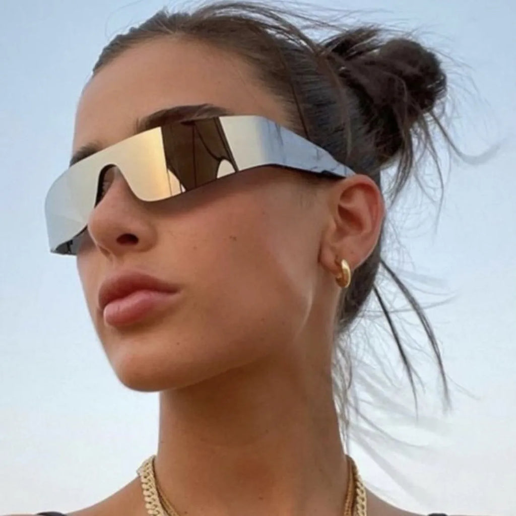 Women's fashion sports sunglasses with no frame, black PC lenses, black frame, shown in product picture