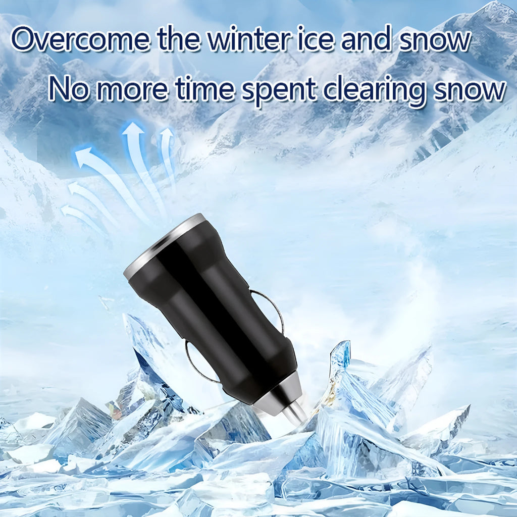 Compact black car snow melting tool measuring 5.5cm with dual deicer and charger functions