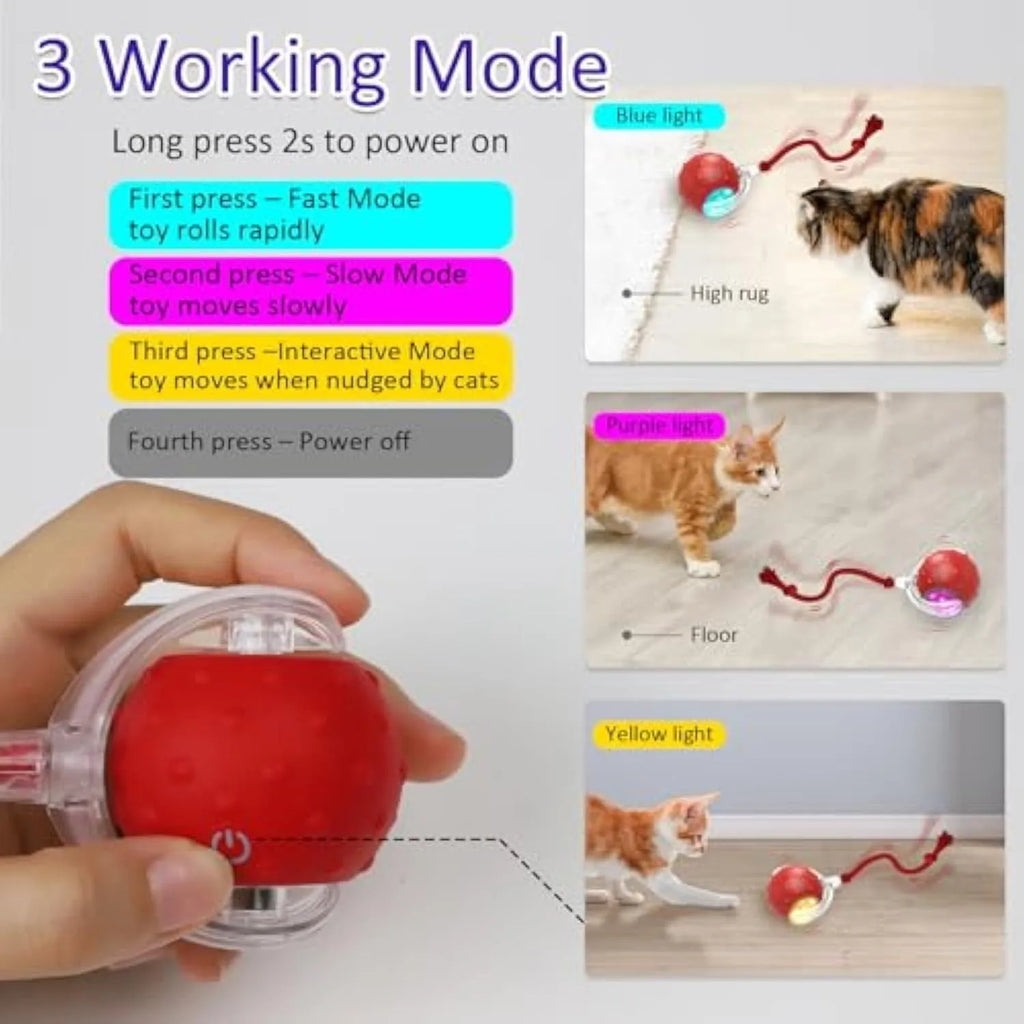 Red motion-activated chirping cat toy rolling on carpet with fast action