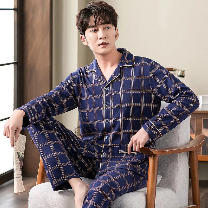 Cotton cardigan pajama set for middle-aged men, long sleeves, casual style, five colour options, sizes M to XXXXL