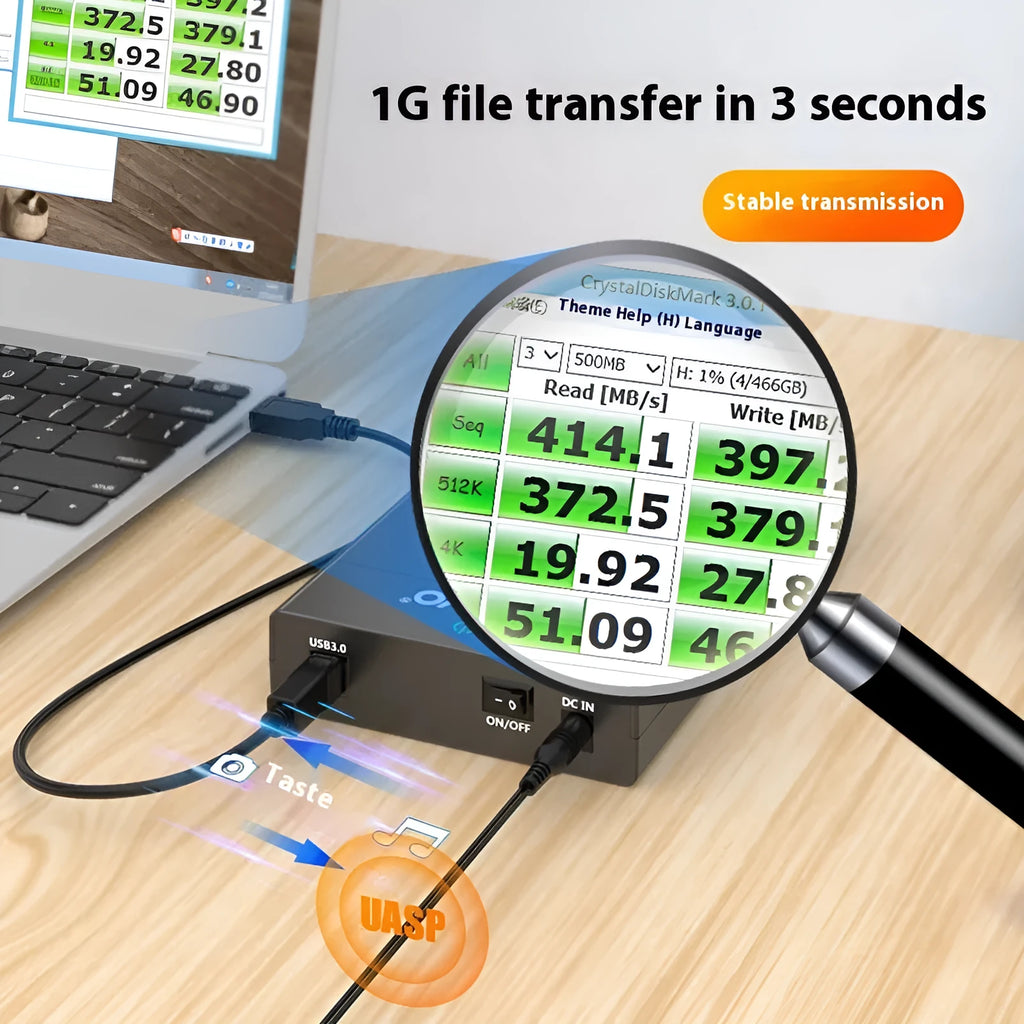 USB 3.0 external hard disk enclosure for 3.5-inch SATA drives with slide cover in black and silver colour variant.