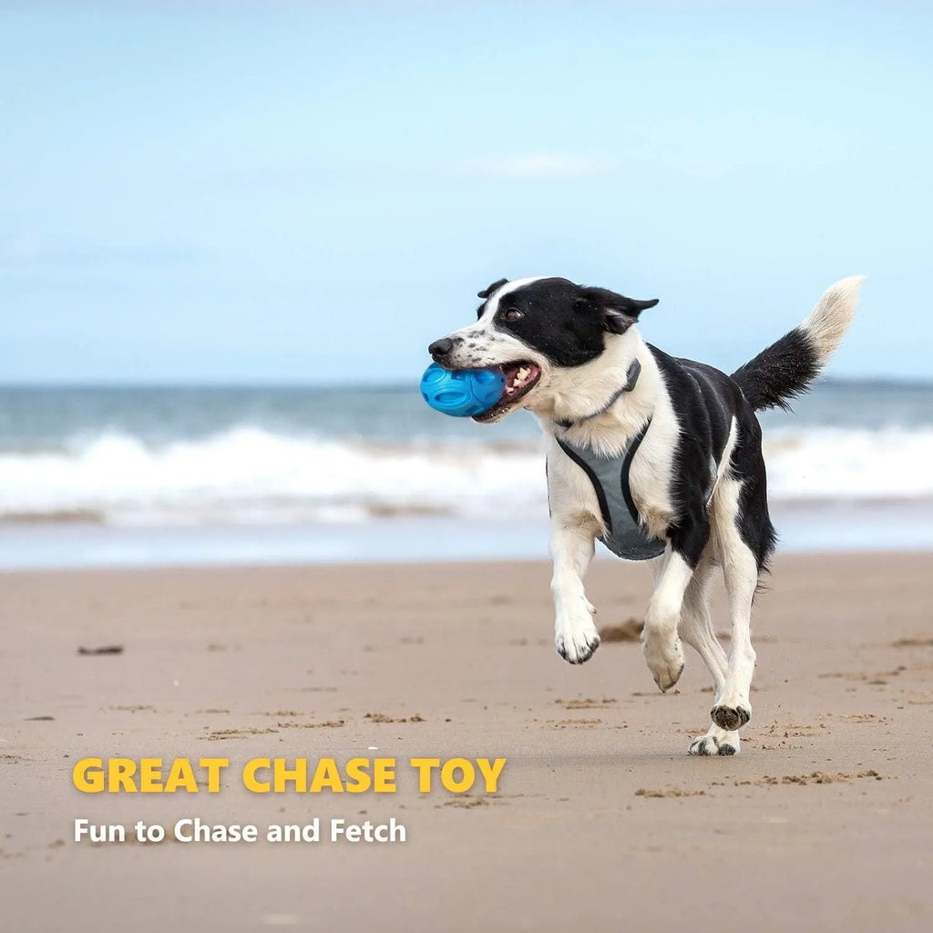 Natural rubber squeaky dog ball toy with surface grooves for medium and large breed aggressive chewers