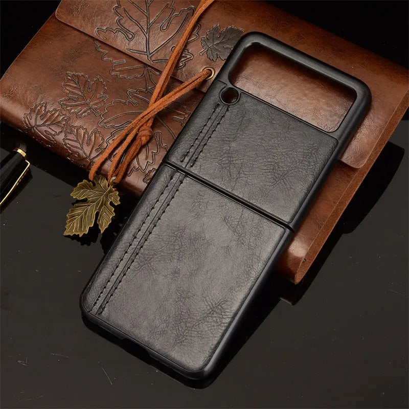 Cow pattern car thread phone case for Samsung Galaxy Z Flip 3 and 4, PC leather back cover in black.