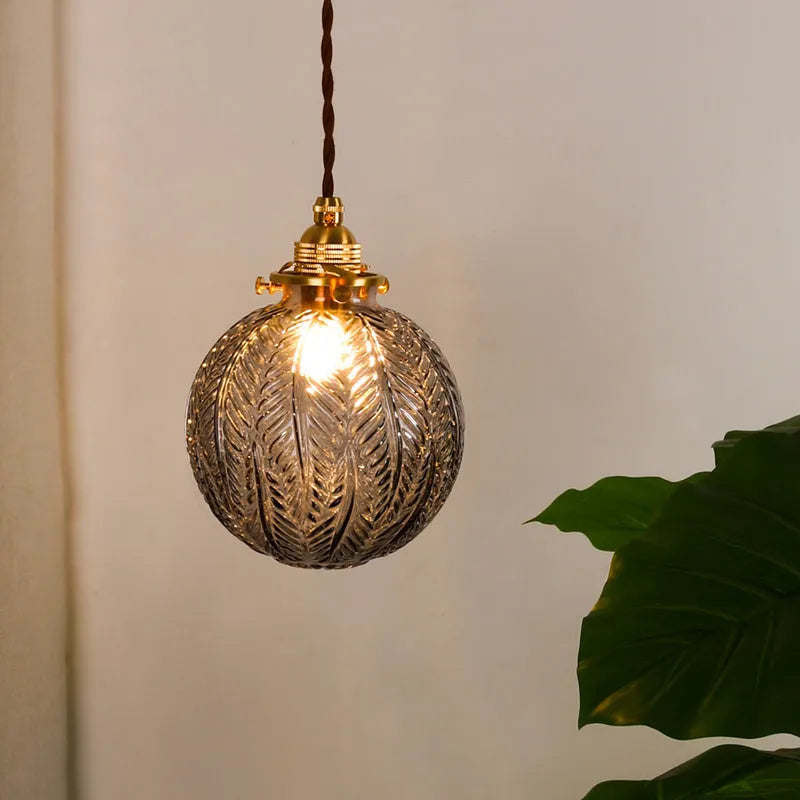 Japanese vintage copper and glass chandelier with round five-cup leaf design for entrance