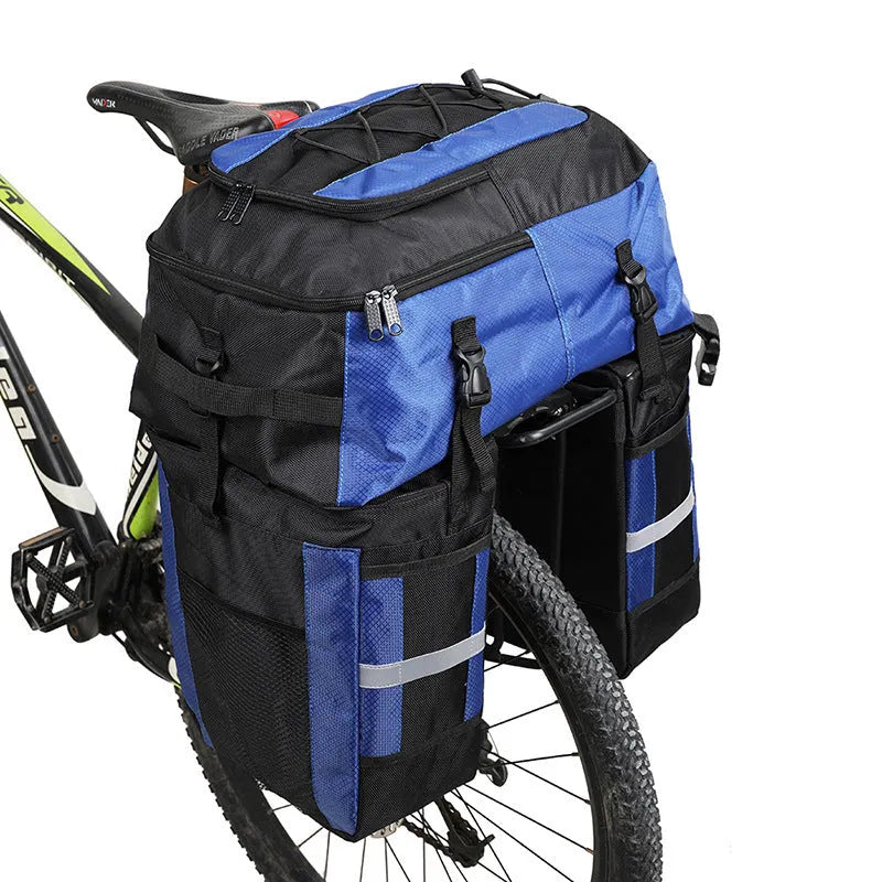 Rhinoceros 70-litre green bicycle rear storage bag mounted on a bike rack for touring.
