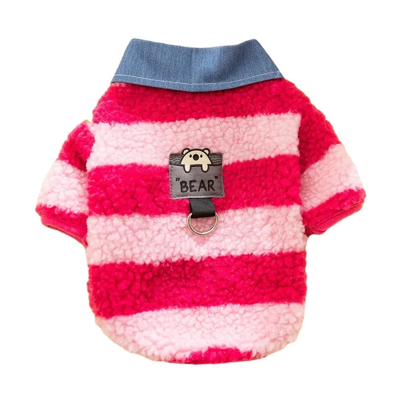 Thick warm winter sweater with leash hole for small dog or cat, striped lamb wool denim, available in black blue and pink