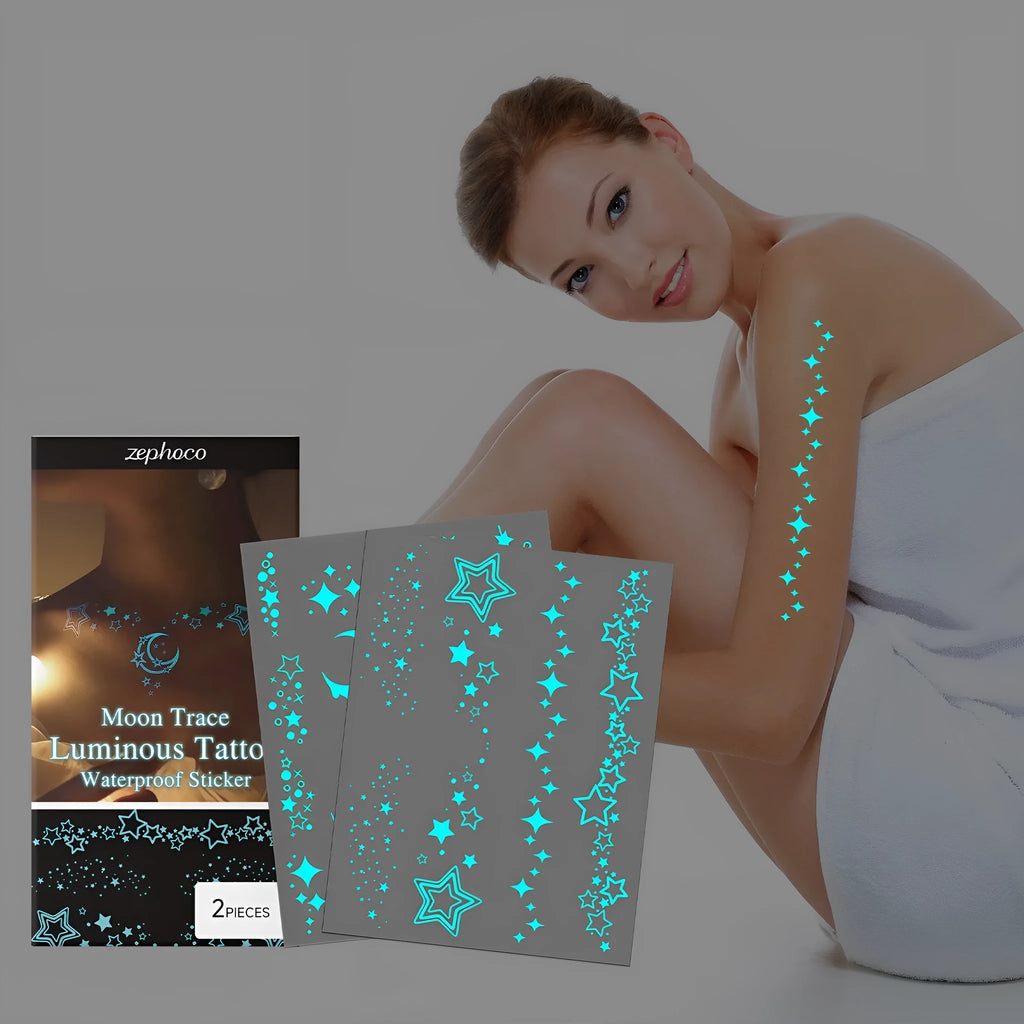 Pack of 2 luminous temporary tattoo stickers showing glowing body art designs