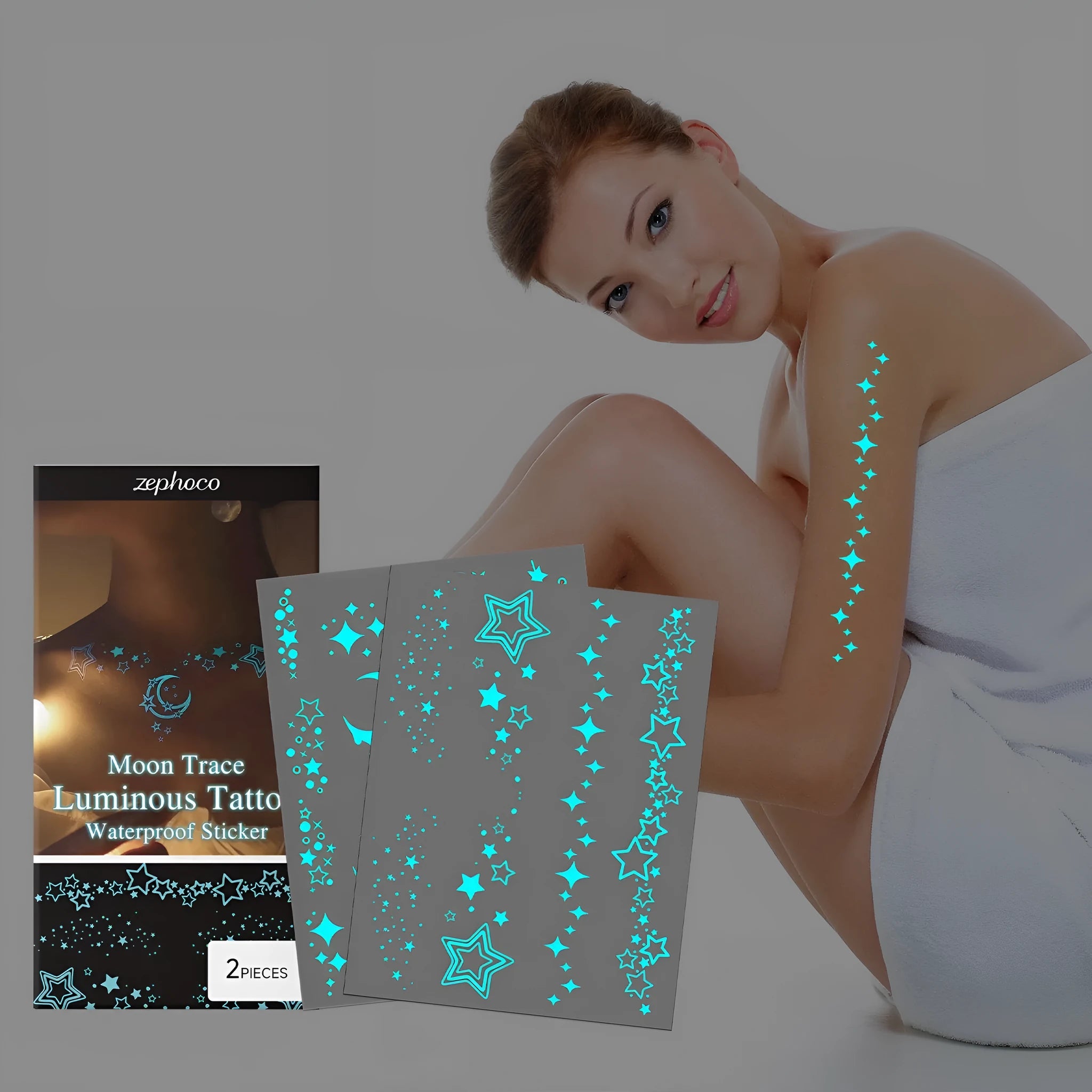 Pack of 2 luminous temporary tattoo stickers showing glowing body art designs