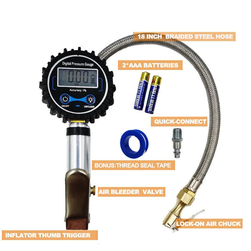 Digital tyre pressure gauge with metal braided hose, backlit display, black and silver colour