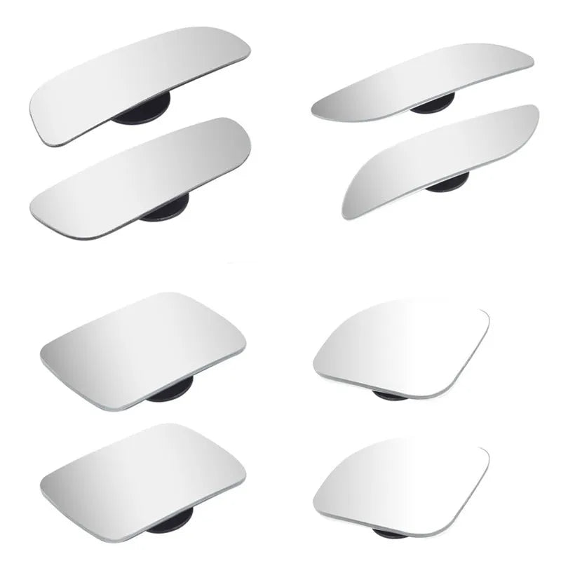 Glass adjustable rearview mirror accessory for vehicles showing dimensions and mounting adhesive
