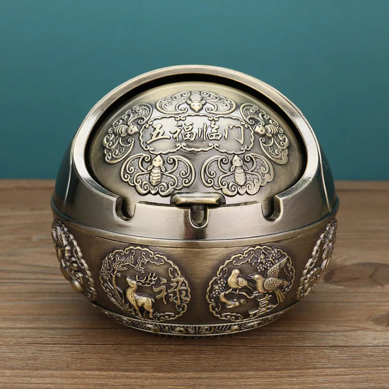XL decorative alloy ashtray with smoke slot in bronze finish showing dragon and phoenix design