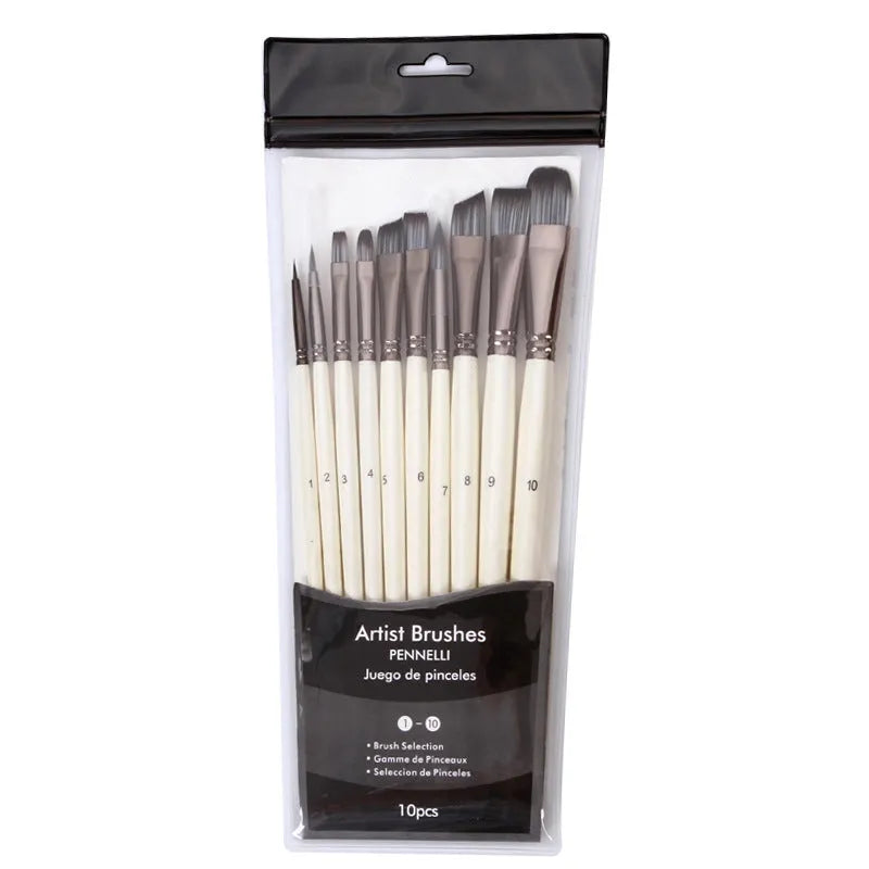 Set of 10 pearl white nylon watercolor brushes with wooden handles in PVC bag
