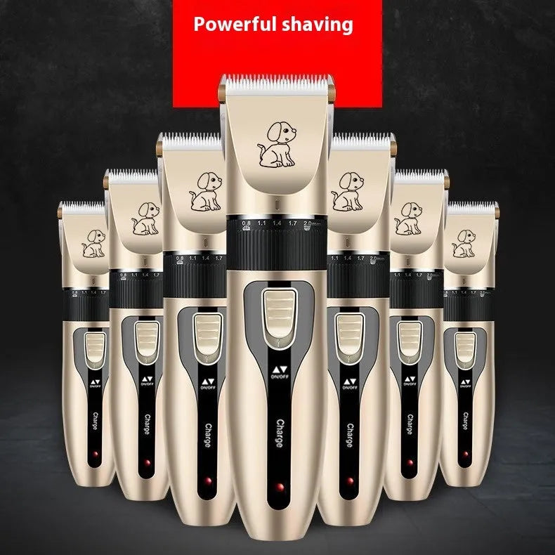 Electric pet hair cutter set with original cutter head, steel comb, black scissors, and pedicure device on white background