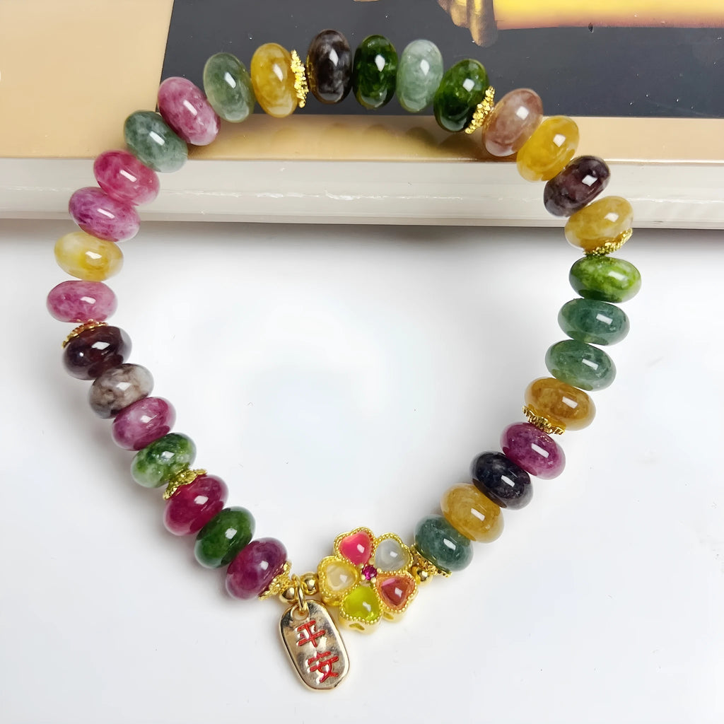Colourful tourmaline abacus beads jade bracelet for women with artificial crystal beads on elastic cord