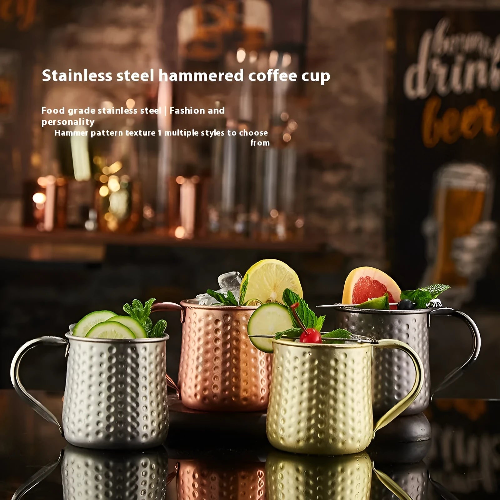 Stainless steel Moscow Mule metal mug with copper plating in silver, gold, rose gold, or black.