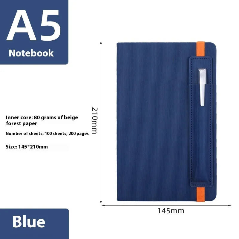 A5 faux leather notebook open with pen insert and strap, 200 pages, blue and black options