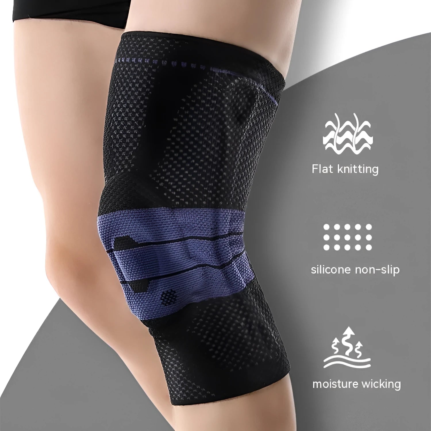 Adult sports kneecap or knee pad in black and blue colour, made from nylon spandex, shown on a knee.
