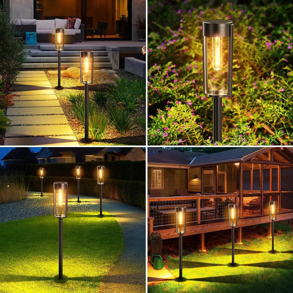 Solar tungsten wire lawn lamp in an outdoor courtyard, providing ground-level lighting