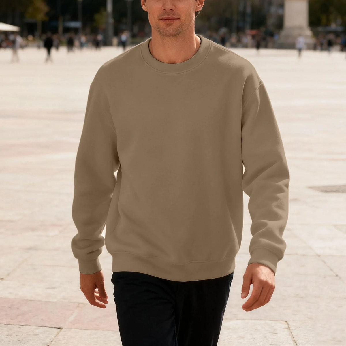 Men's round neck solid colour loose oversized casual polyester long sleeve top in light gray