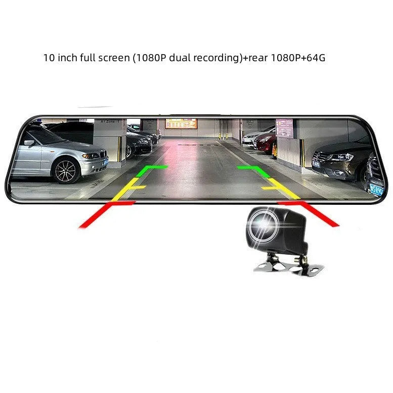 10-inch full screen car dash camera with front and rear lenses on a touch screen display.