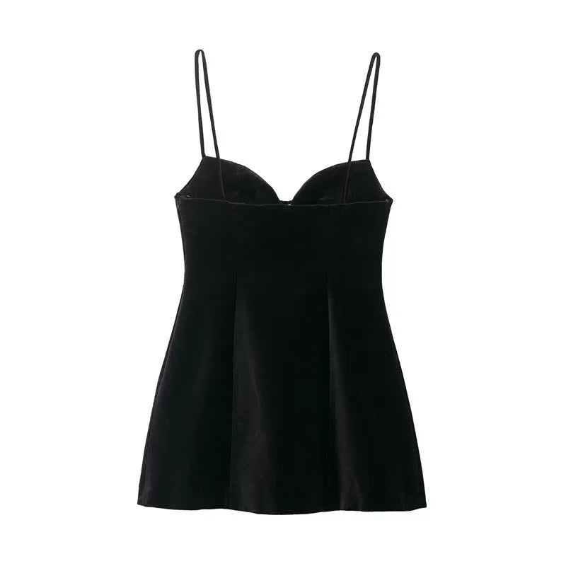 Women's flared hem thin strap short dress in black with stripe and grid pattern, hooded neckline, front view on model