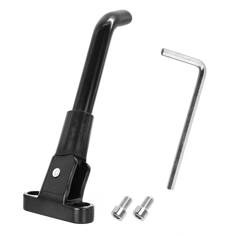 Aluminium alloy electric scooter foot brace accessory in black, white, and grey colours with screws and hex wrench.