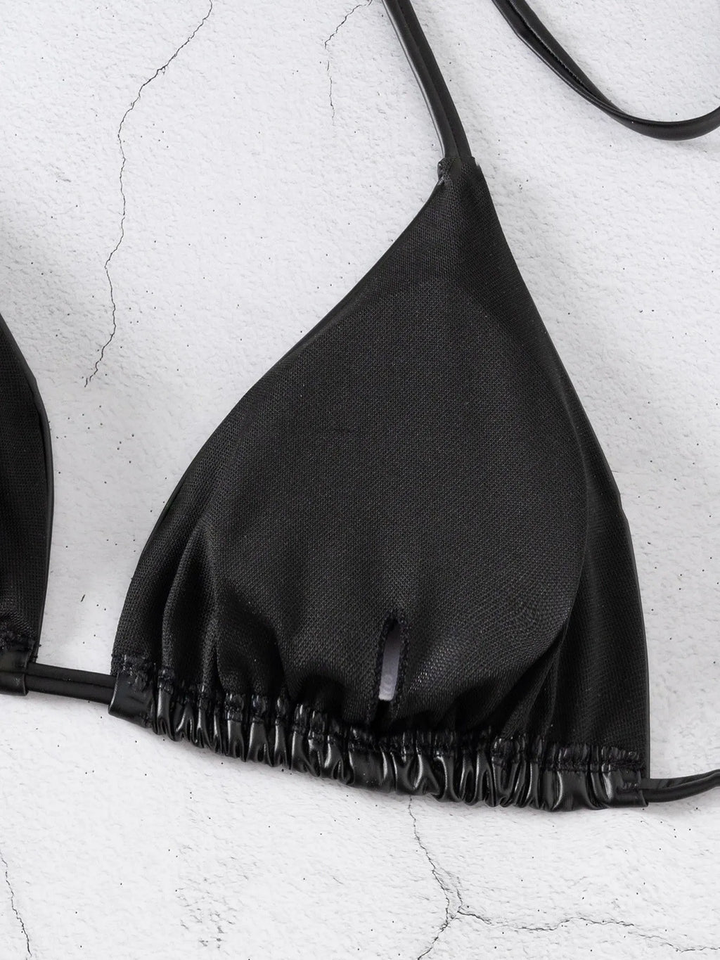 Black solid colour split bikini set for women with polyester-spandex fabric, brief style bottom, sleeveless top, sizes S M L
