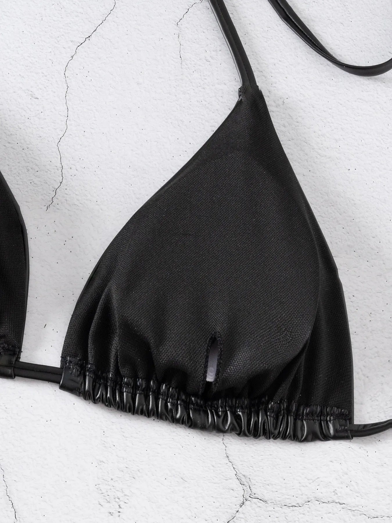 Black solid colour split bikini set for women with polyester-spandex fabric, brief style bottom, sleeveless top, sizes S M L