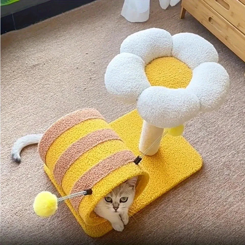 Yellow bee-themed cat climbing frame with sisal scratching post and fabric tunnel
