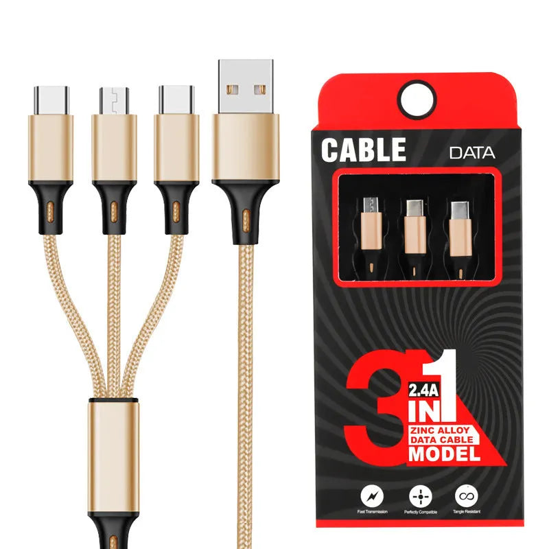 One for three charging data cable with 1.2 metre length in multiple colour options