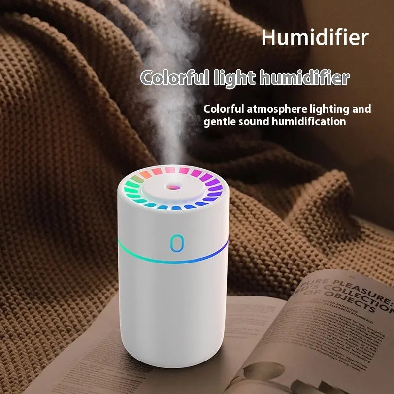 Magic Light USB humidifier in white, pink, or black, round plastic body, heavy fog, for car or desktop use under 10 square metres