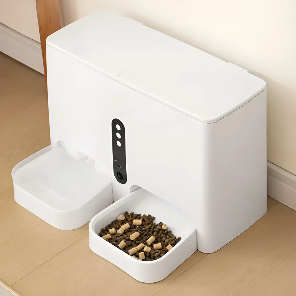 White pet intelligent feeding and drinking all-in-one machine with plastic construction, dimensions 420x175x280mm