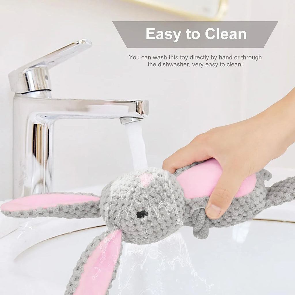 Interactive dog plush toy with squeaker and crinkle paper in elephant design with cotton rope
