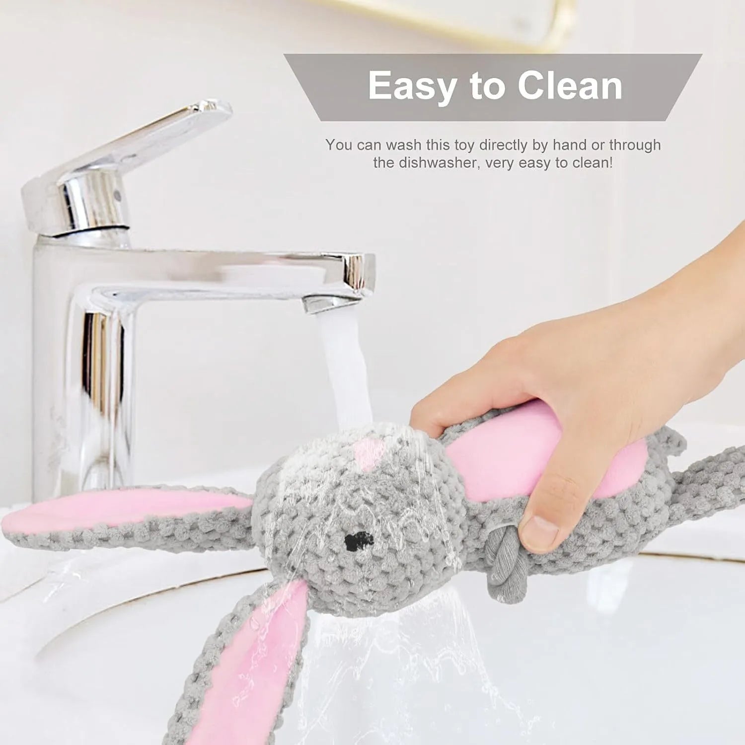 Interactive dog plush toy with squeaker and crinkle paper in elephant design with cotton rope