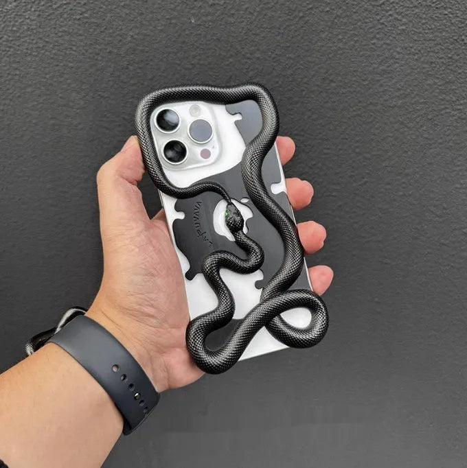 Tailed snake hollowed-out decorative phone case in black stone pattern for iPhone