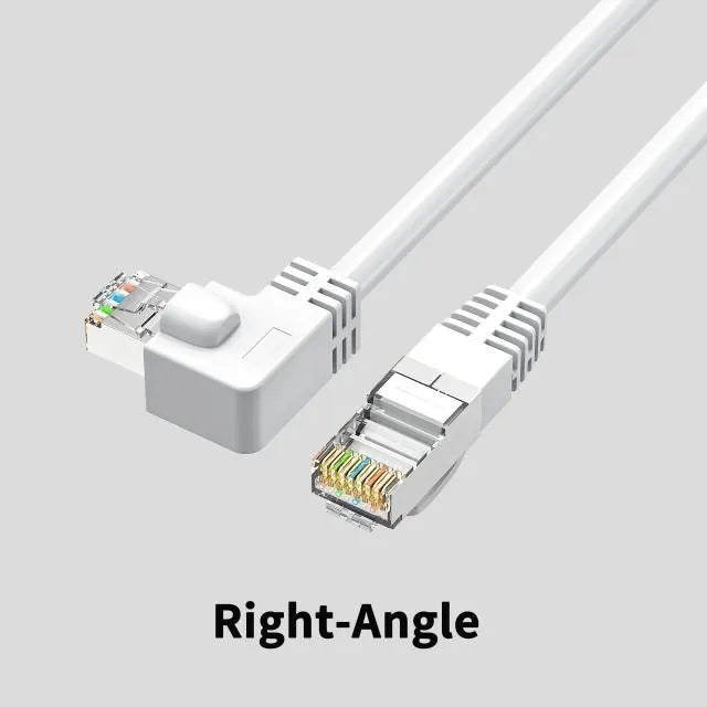 Coloured Cat6 Ethernet cable with a right-angled metal RJ45 connector plug in a choice of four orientations.