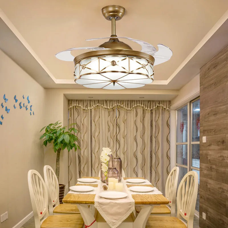 Gold ceiling fan light with remote control and invisible blades for living rooms