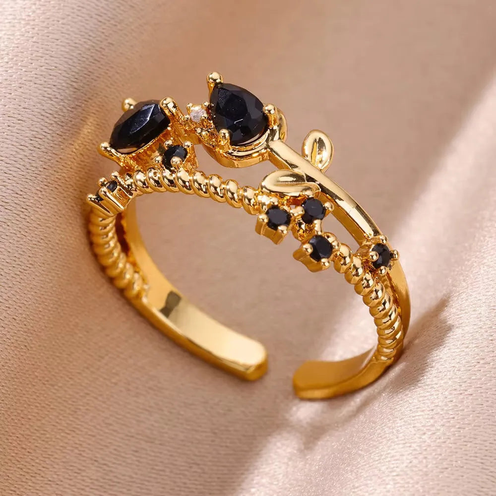 18K gold plated love emerald adjustable open mouth ring with synthetic zircon stone on copper base