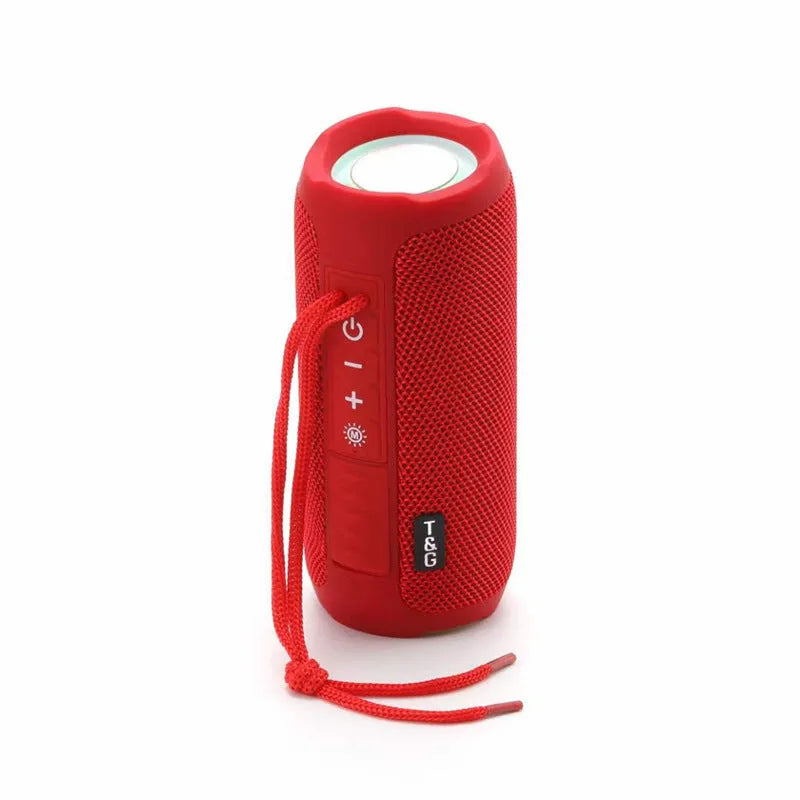 Portable waterproof LED Bluetooth speaker with TF card slot in black colour showing controls and speaker grille