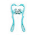 Blue handheld neck massager roller with 96 pressure points showing ergonomic curved design.