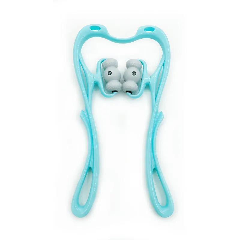 Blue handheld neck massager roller with 96 pressure points showing ergonomic curved design.