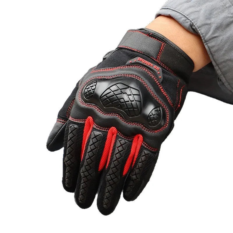 Men's universal leather motorcycle riding gloves in black, brown, green, red and grey colours, sizes S to XL