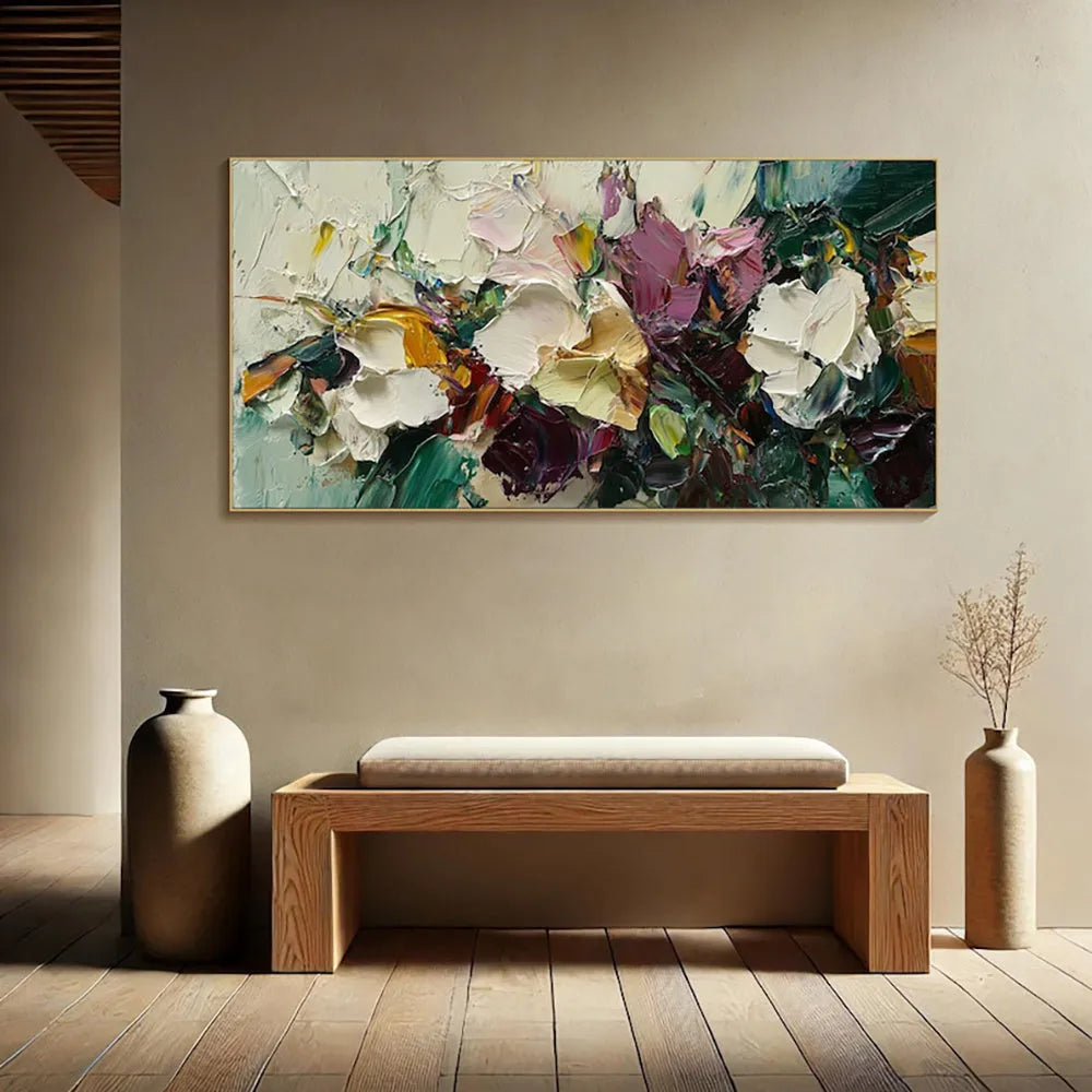 Handmade flowers field oil painting canvas artwork, modern horizontal design, rolled frameless