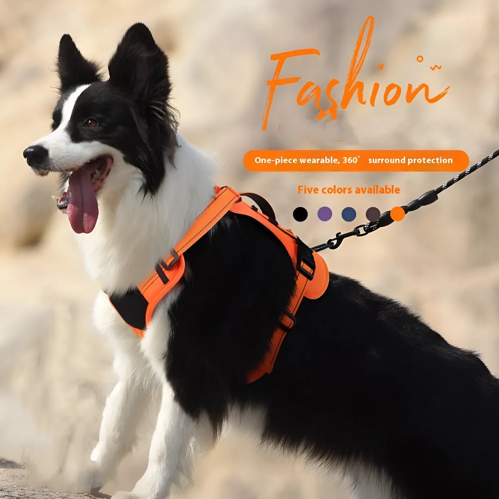 Orange reflective dog vest harness with a black detachable hand-holding rope laid flat.