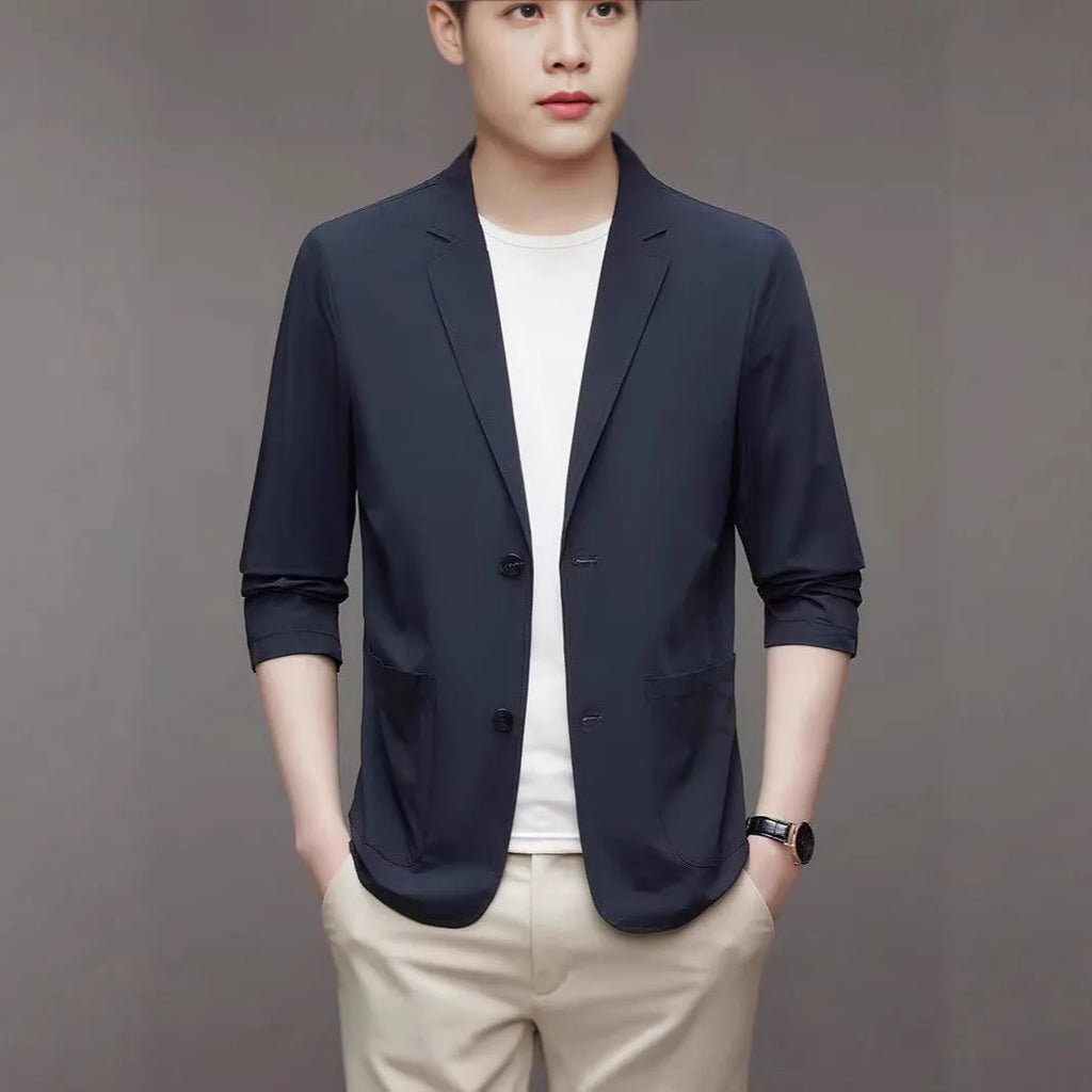 Ice silk men's lightweight casual stretch suit jacket in black with non-iron polyester fabric